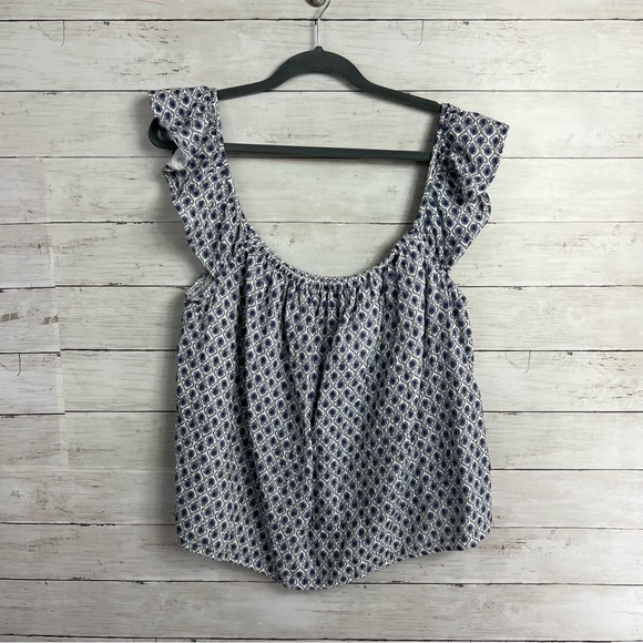 Ann Taylor Tops - Ann Taylor Blue+White Design Frilly Sleeve Cropped Tank